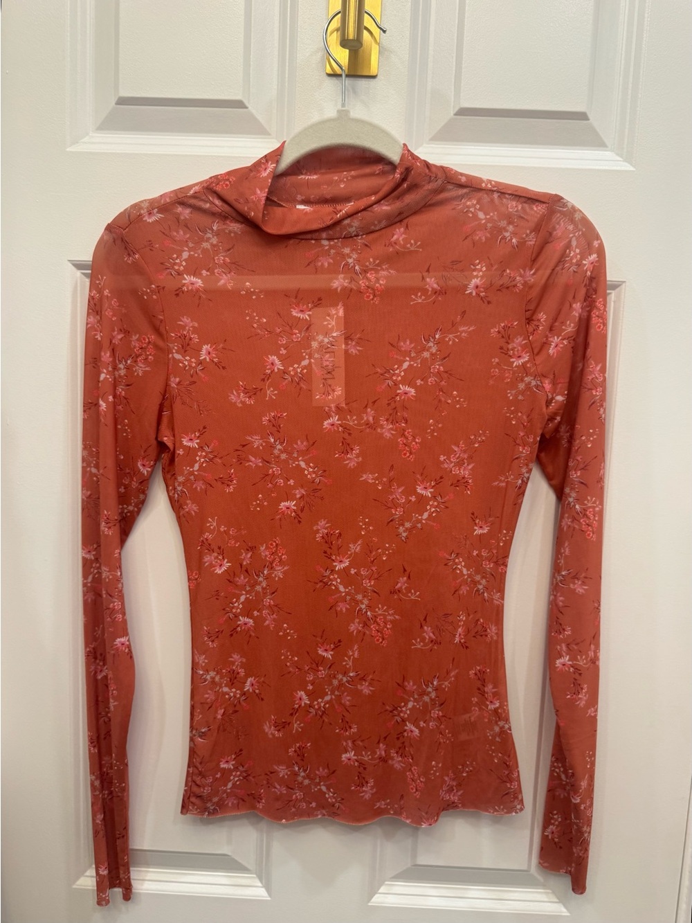AFRM x Revolve Rust Orange Floral Sheer Mock Neck Top